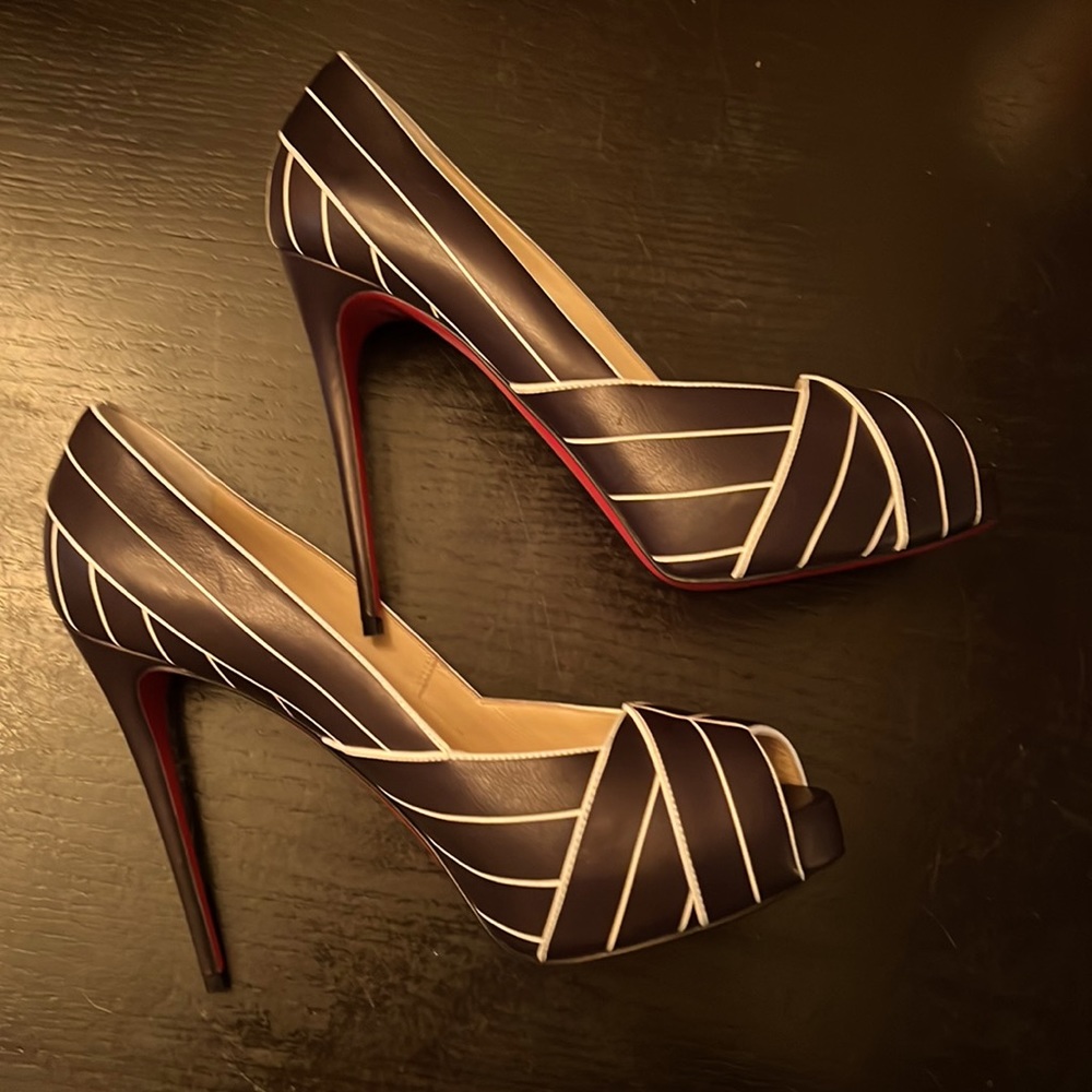 CHRISTIAN LOUBOUTIN peep toe stilettos with black & white pinstripe-AUTHENTIC